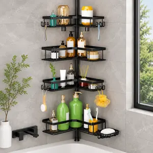 No-Drill Steel Shower Caddy (25-114in) - Rust-Resistant Modern Steel Shower Organiser with Soap Holder, Shampoo/Loofah Hooks, Quick-Assembly Shelves for Bathroom, Space-Saving Bathroom Gadget