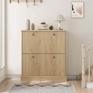 Fluted Shoe Storage Cabinet for Entryway, Freestanding Hidden Wooden Shoe Organizer with Flip Drawers and Adjustable Shelf, Narrow Shoe Rack Cabinet for Hallway Living Room Bedroom, Holds 10-15 Pairs up to Mens Size 12