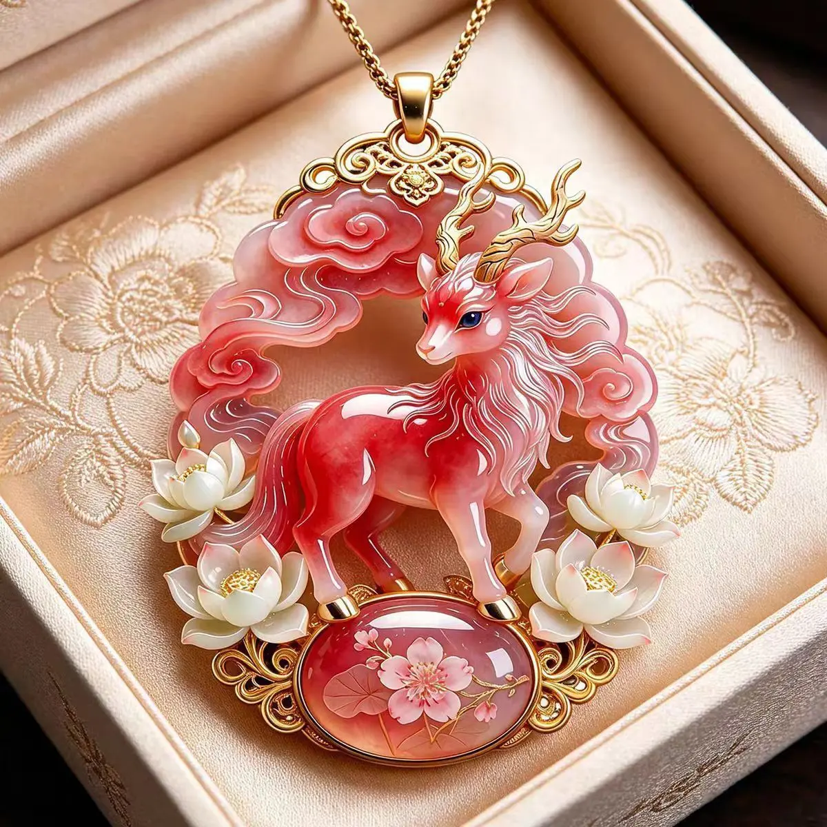 Unisex Pink Auspicious Deer Necklace with Bai Ze Versatile Pendant - Embossed Metal Enamel Charm, Light Luxury Premium Design, Ideal Gift for Friends, Gifts