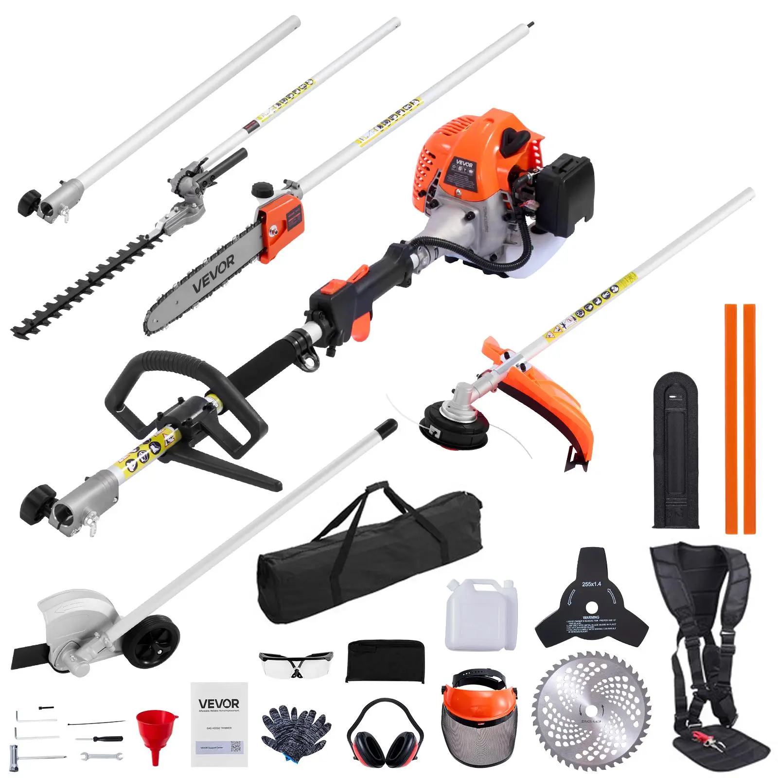 【summerfinds】VEVOR Gas Hedge Trimmer, 2 Cycle Gas Power Handheld Trimmer, 6-in-1 26cc Weed Eater with Extension Pole & Protective Gear Set, Includes Hedge & String Trimmer, Brush Cutter(3T & 40T), Edger, Pole Saw