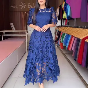 Women's Casual Lace Hollow-out Round-neck Cotton Fabric Dress with Sleeves