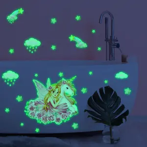 Hand-Drawn Unicorn Princess Glow Stars Decorative Wall Sticker, 30x40cm Night Light Decor for Living Room Bedroom Home Background Decoration