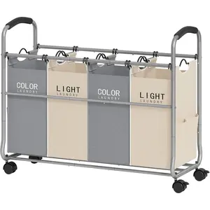 Laundry Sorter 4 Sections, Laundry Separator Hamper with Heavy Duty Lockable Rolling Wheels, Laundry Divider with Removable Bags for Dirty Clothes Storage, Beige & Grey