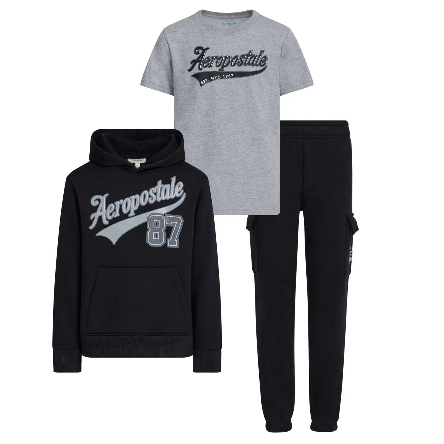 AEROPOSTALE Boys 3 Piece Outfit Set - Soft Black Hoodie, Cozy Sweatpants, Classic T-Shirt for School, Sports, or Lounging