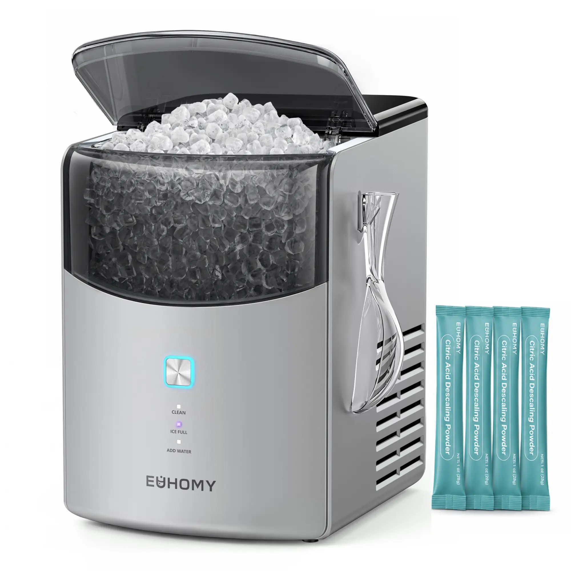 Euhomy Countertop Nugget Ice Maker | 35Lbs Daily Pebble Ice Ready In 5 Mins！Dual Pump Self-Clean Crushed Ice Machine With Basket Scoop & Cleaning Packs Grey