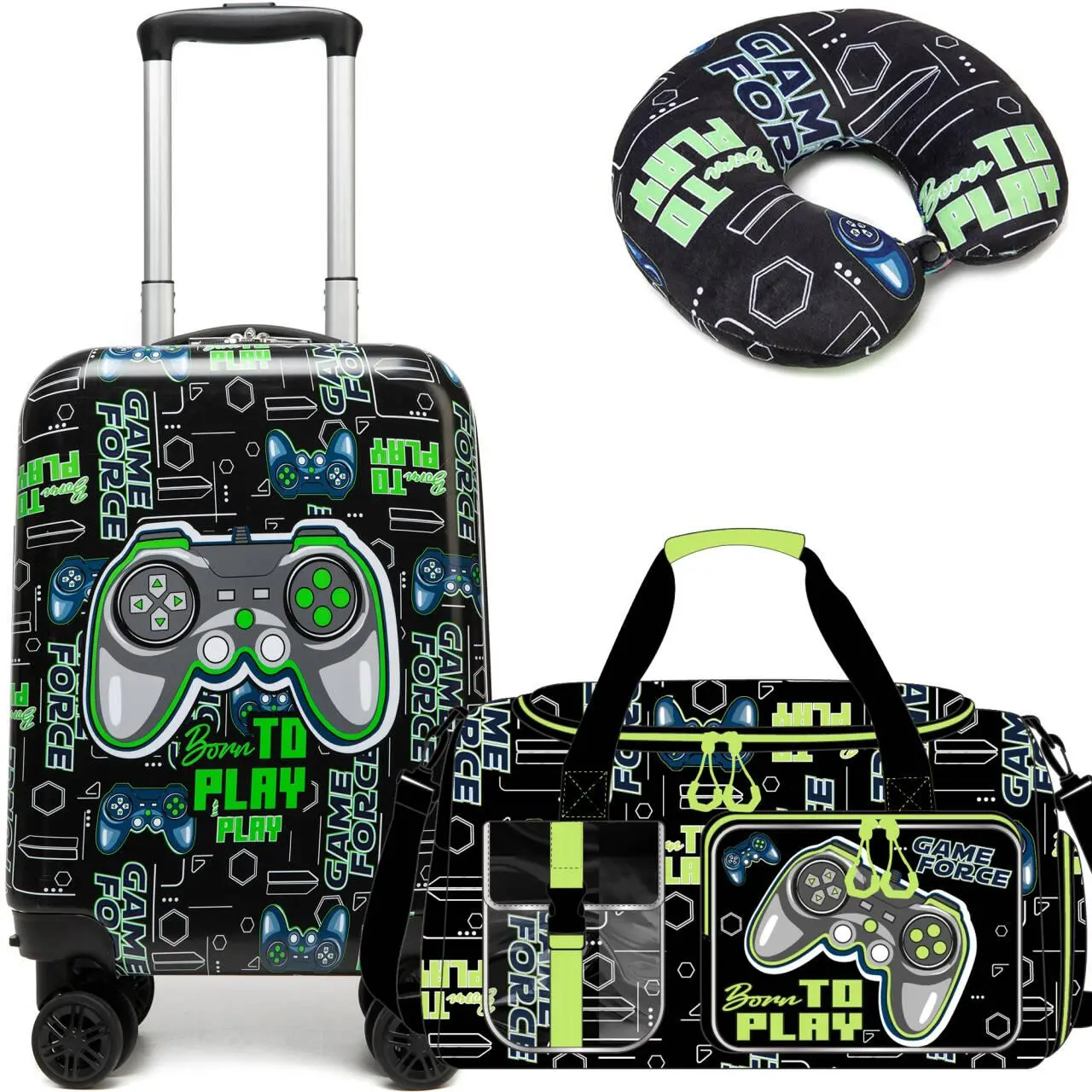 Boys' 3-Piece Luggage Set, Chic Gaming Hardshell Trolley with 3D Character-Inspired Graphic, 360° Spinner Wheels, Duffel Bag & Pillow, 3D Bag Luggage, Zip