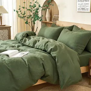 PUREFIBER 100%Natural Linen Bedding Set-OLIVE(1pc Duvet cover + 2pcs Pillow cases),breathable,french flax