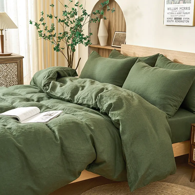 PUREFIBER 100%Natural Linen Bedding Set-OLIVE(1pc Duvet cover + 2pcs Pillow cases),breathable,french flax