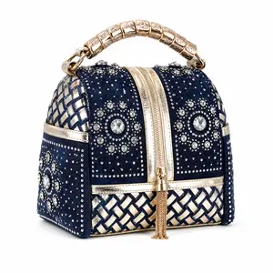 Denim Rhinestone Barrel Bag – Woven Gold Metallic Crossbody Purse with Crystal Studs & Tassel, Boho Chic Handbag for Women 2026 beaded