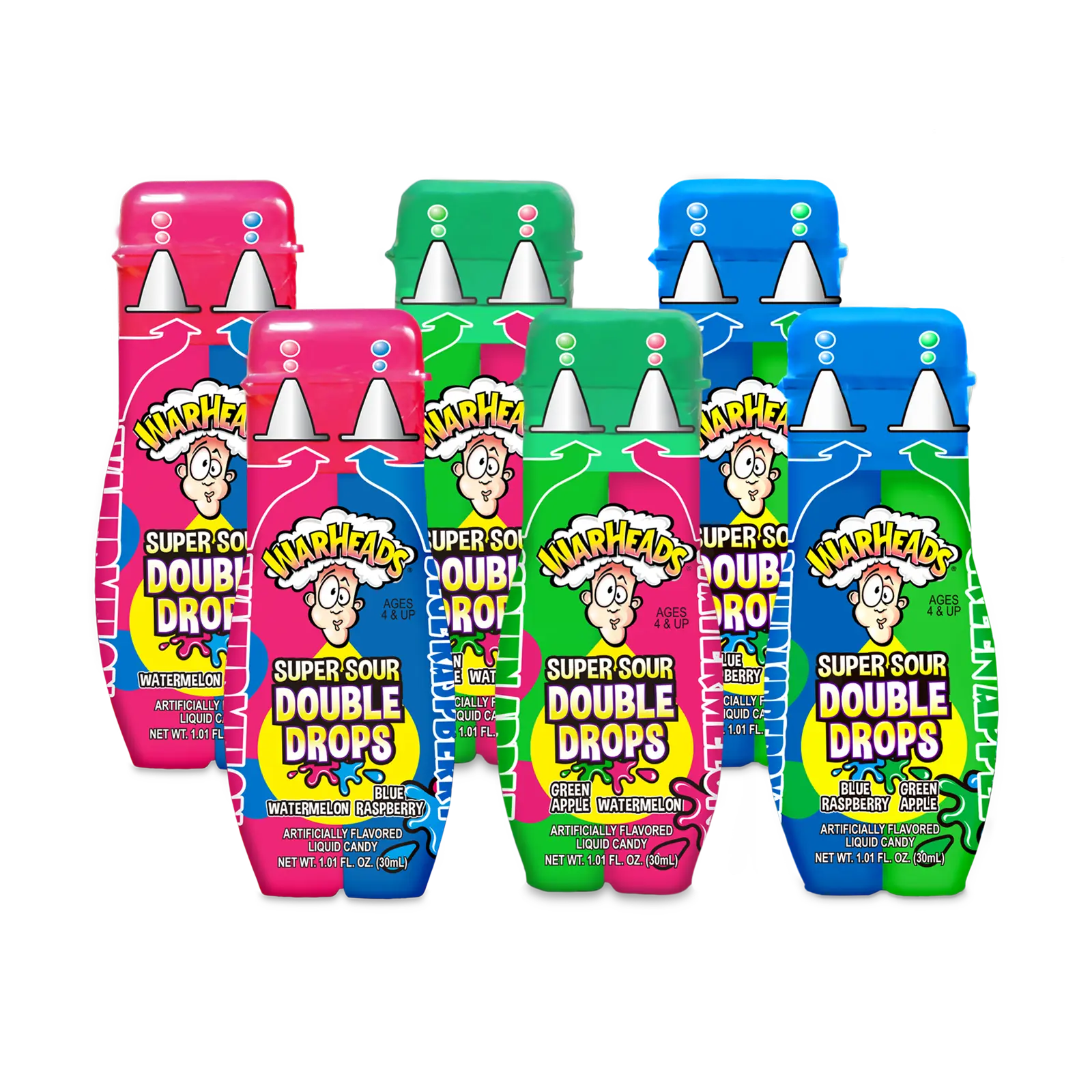 WARHEADS Super Sour Double Drops - Liquid Sour Candy - Blue Raspberry, Green Apple and Watermelon Assorted Flavors - 1.01 oz. Bottles - 6 Pack