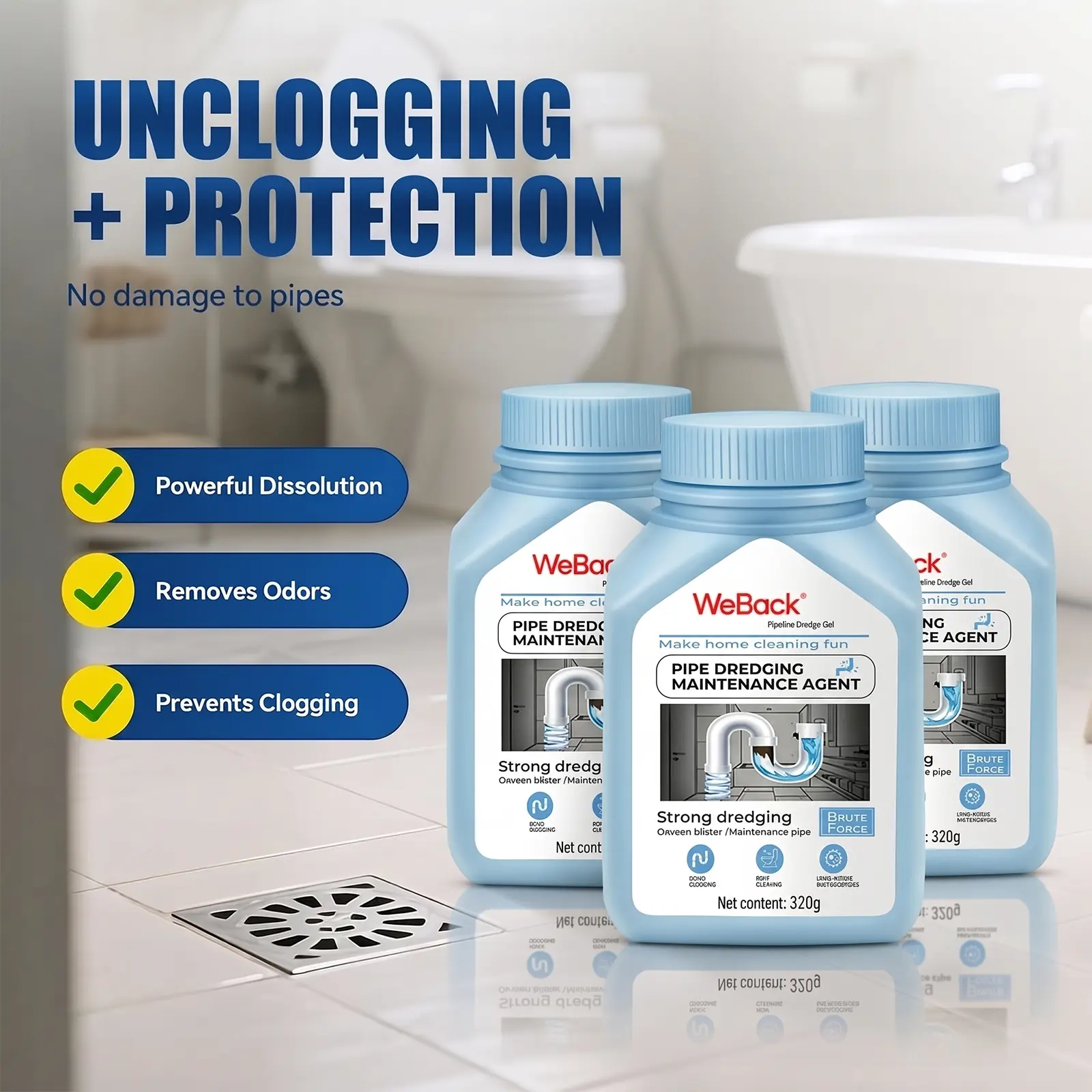 WeBack Safety-Grade Drain Cleaner, Kitchen Cleaning Product, Fast-Unclogging Pipe Dredge, Anti-Bacterial, Deodorizes Drains, Safe for Kitchen Sink, Bathroom Sink Household Plumbing Use.
