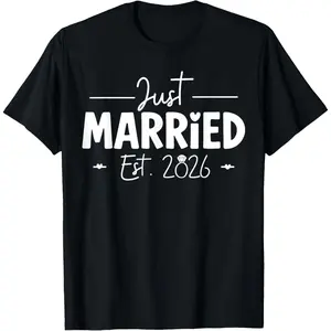 100% Cotton Just Married 2026 Couple Newlywed Bride and Groom Wedding T-Shirt