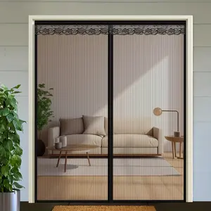 Black Striped Magnetic Mosquito Net Door | Breathable, Automatically Closes, Suitable for Bedroom and Home Decor, Polyester Material, Tap Top Hanging Method, Magnetic Screen Door