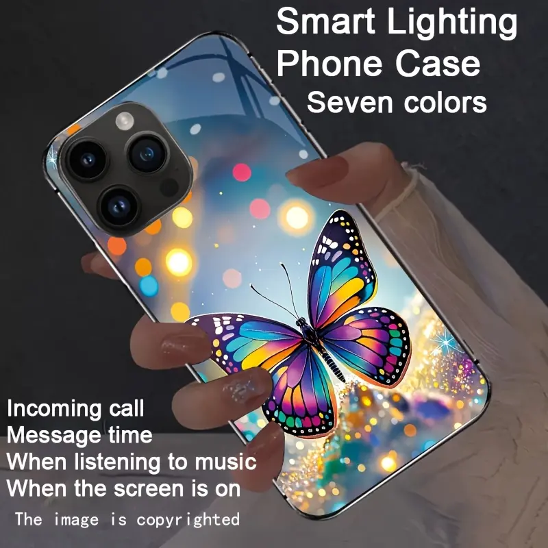 Luminous Butterfly Glitter Smart Sound-Activated Light-Up Phone Case for iPhone 17/16 Pro Max/15 Pro/14 Plus/13/12. Features luminous technology, elegant daytime design, and enhanced nighttime visibility. Perfect for parties and holidays.