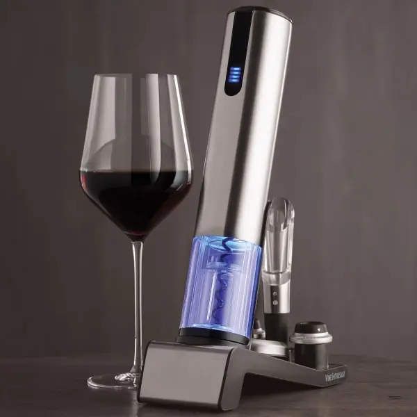 Electric Blue Stainless Steel 1-Piece Cork Opener & Preserver Set with Charging Base, Vacuum Stoppers, Foil Cutter, Automatic Faster Functioning, Compact Lighted Battery Home Bar & Kitchen Utensil Accessory