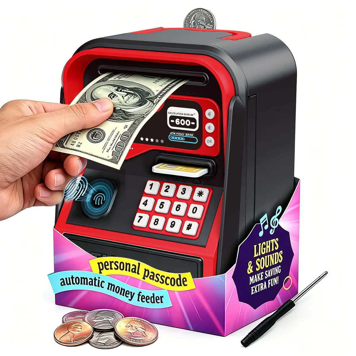 Piggy Bank for Kids & Adults, Electronic ATM Coin Cash Bank with Password Code Lock and Auto Grab Bill Slot, Large Capacity Coin Bank Money Jar, Designed for All US Coins, Capacity 10000+