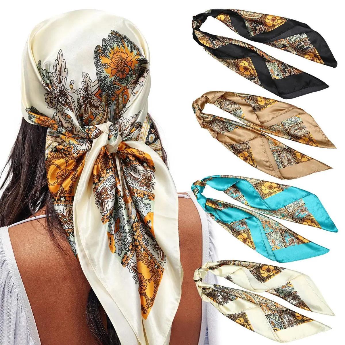 AWAYTR Head Scarves for Women, 4 Pack 35" Large Square Allover Print Silk-Like Satin Head Wrap for Evening & Ceremony, Ideal Birthday Womens Gifts