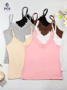 Lace V-Neck Slim Fit Tank Top Underwear, 6 Colors Available Set, High Elastic Breathable Fabric, Close Fit No Tightness, Delicate Lace Trim, Perfect For Layering And Outer Wear