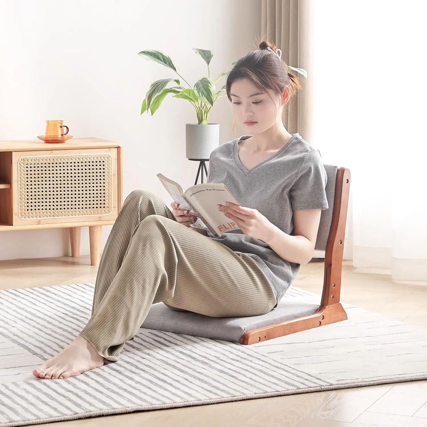 Welnow Foldable Floor Chairs With Cushions - Comfortable Bamboo Frame, Breathable Fabric Seat, Ideal For Meditation And Living Room Use