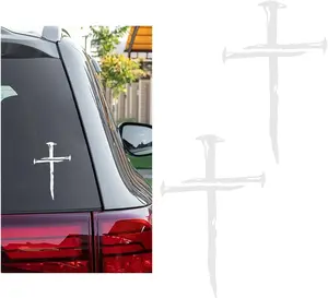 PCS Car Cross of Nails Sticker, Bumper Christian Sign Cross with Nails Decal, Removable Waterproof Sticker for Car Truck Window Motorcycle Helmet Laptop, Car Accessories (White)