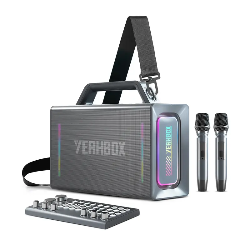 Yeahbox 200W Portable Bluetooth Party Speaker (2 Wireless Mics, 4×1.71” Tweeters, 1×5.25” Woofer, IP66 Weatherproof, LED Lights, EQ, AUX, USB, USB-C, SD Card, Full Bass, 325 × 254 × 123 Mm, 10.0-12.9 h) 200 W & Above for Summer Use