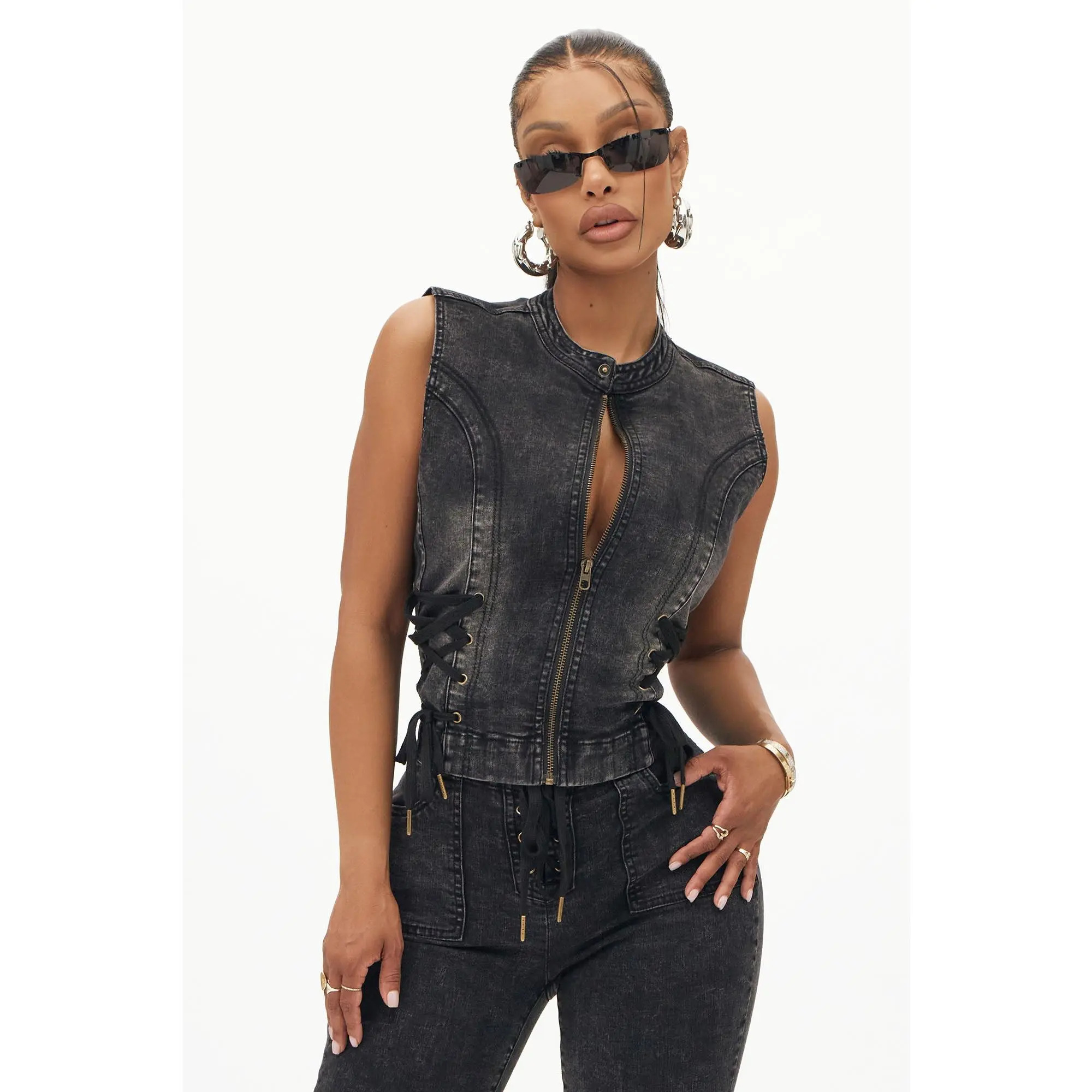 Leveled Up Lace Up Denim Vest - Black Wash