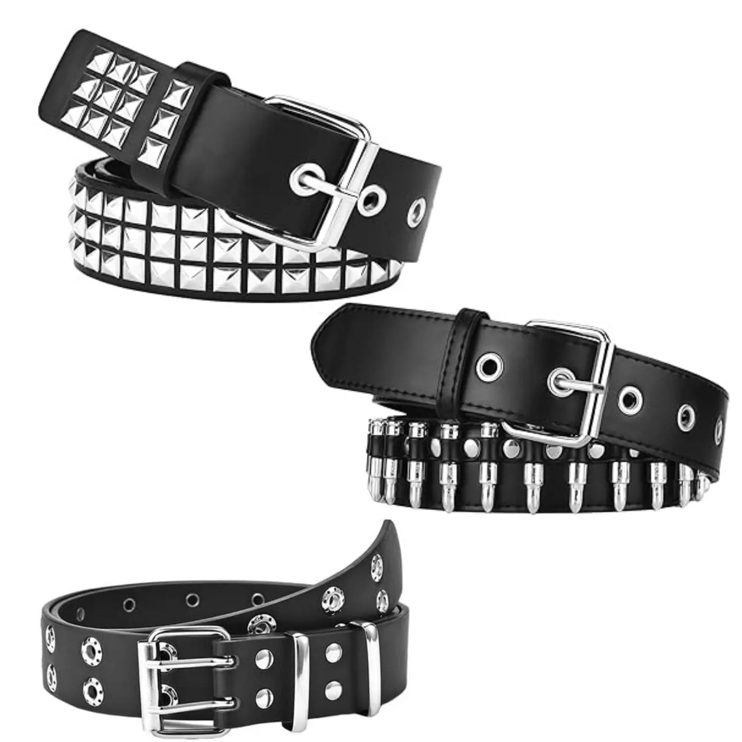 3Pcs Black Studded Belt, Y2K Belt Emo Girl Goth Punk Rock Double Grommet with Pyramid Scene for Women Men - Home Improvement.