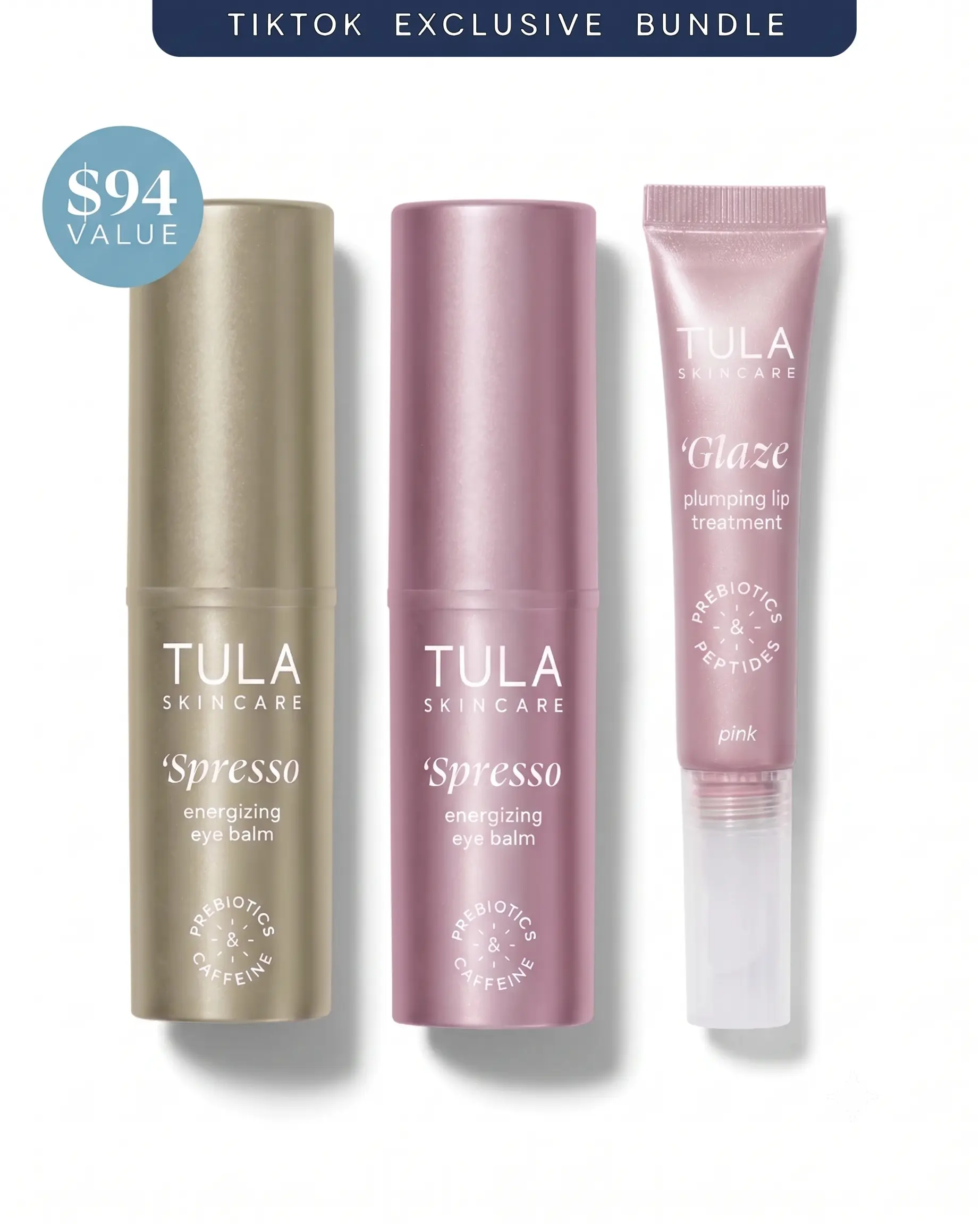 Tula TTS Exclusive Energize & Glaze Bundle: 'Spresso Eye Balm Duo + Free 'Glaze Lip Treatment Skincare