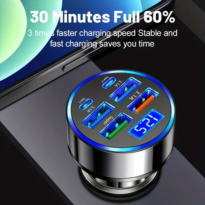 6-EN-1 car charger, Charger for car, Fast Charging Solution, LED display, USB dual PD QC3.0 adapter, connector, universal compatibility, car intake mode, operating voltage 36V, multiple device loads, smartphone charger