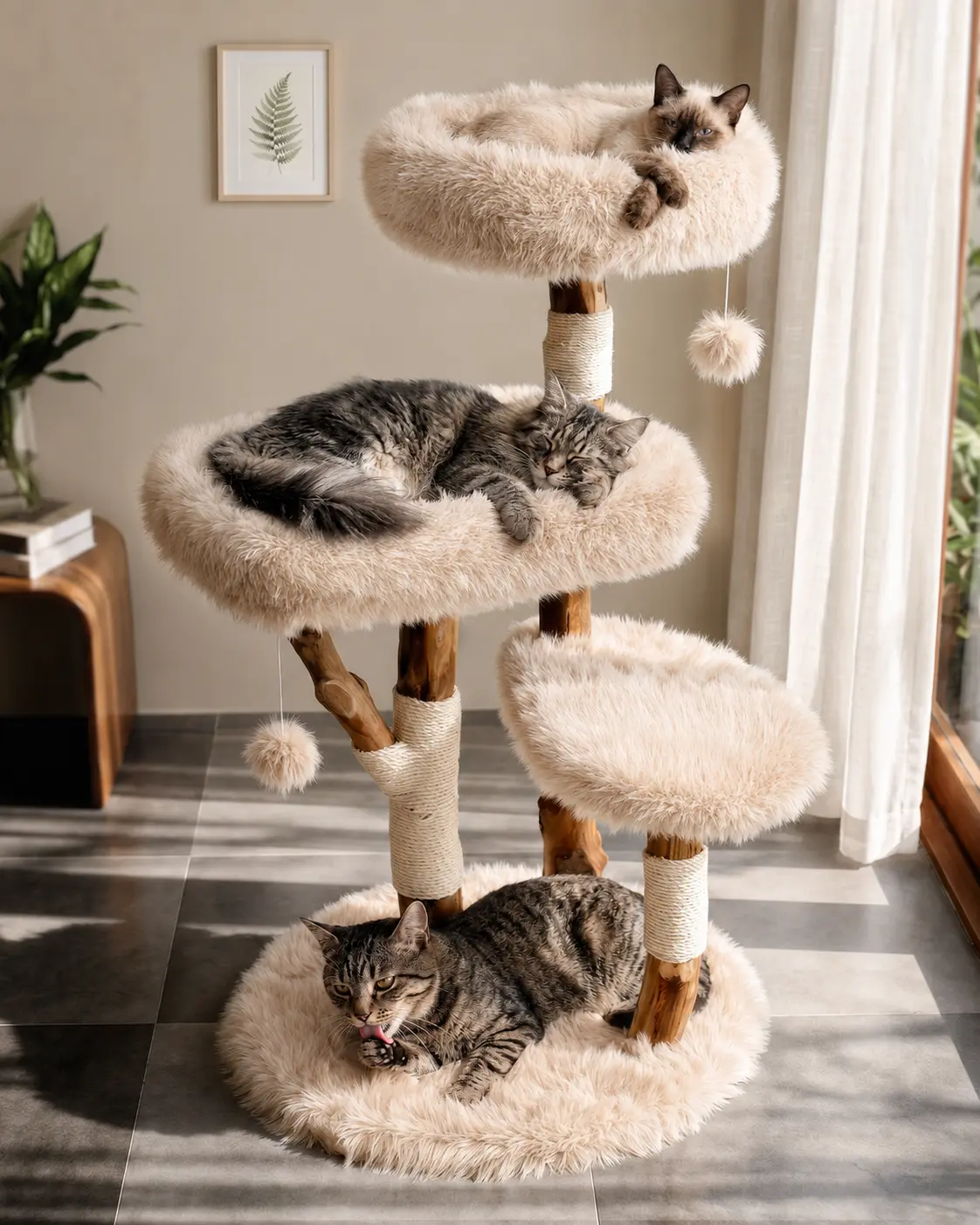 Modern Cat Tree for Large Indoor Cats with Natural Wood Posts, 2 Oversized Long-Pile Faux Fur Beds & Sisal Scratching Posts