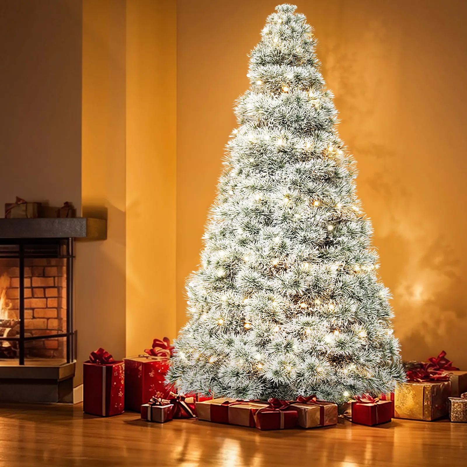 Snow Flocked Pre-lit Christmas Tree, Fire-Resistant 4.5–9FT Hinged Spruce | Winter Wonderland Holiday Tree, 120–600 Lights, 347–2000 Tips, Sturdy Metal Base