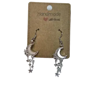 Handcrafted Silver-Tone Crescent Moon & Star Dangle Earrings - Elegant, Unique Design, Handmade, Ideal for Casual & Formal Occasions