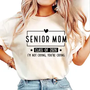 Women's Soft Printed Crew Neck Short Sleeve Fabric T-Shirt - Casual Top, Made in USA, Senior Mom Class of 2026 Graduation Support Gift, High School Commencement Attire