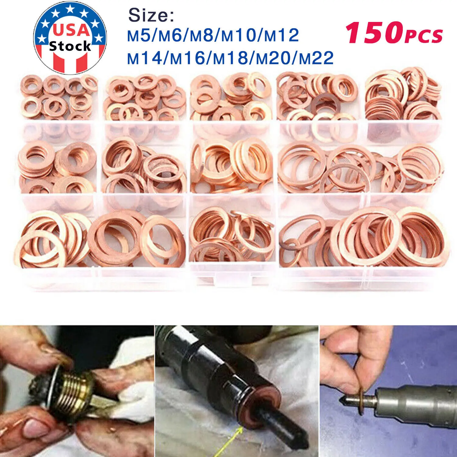 150PCS M5-M22 Copper Crush Washer Gasket Set Flat Ring Seal Assortment Kit
