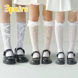 Lolita Style Lace Bow Pleated Calf Socks 3 Pairs Soft Breathable Spring Summer Tube Socks for Parties Events Outings Performances with Boots & Leather Shoes Cute Fashionable High Elasticity - Womenswear