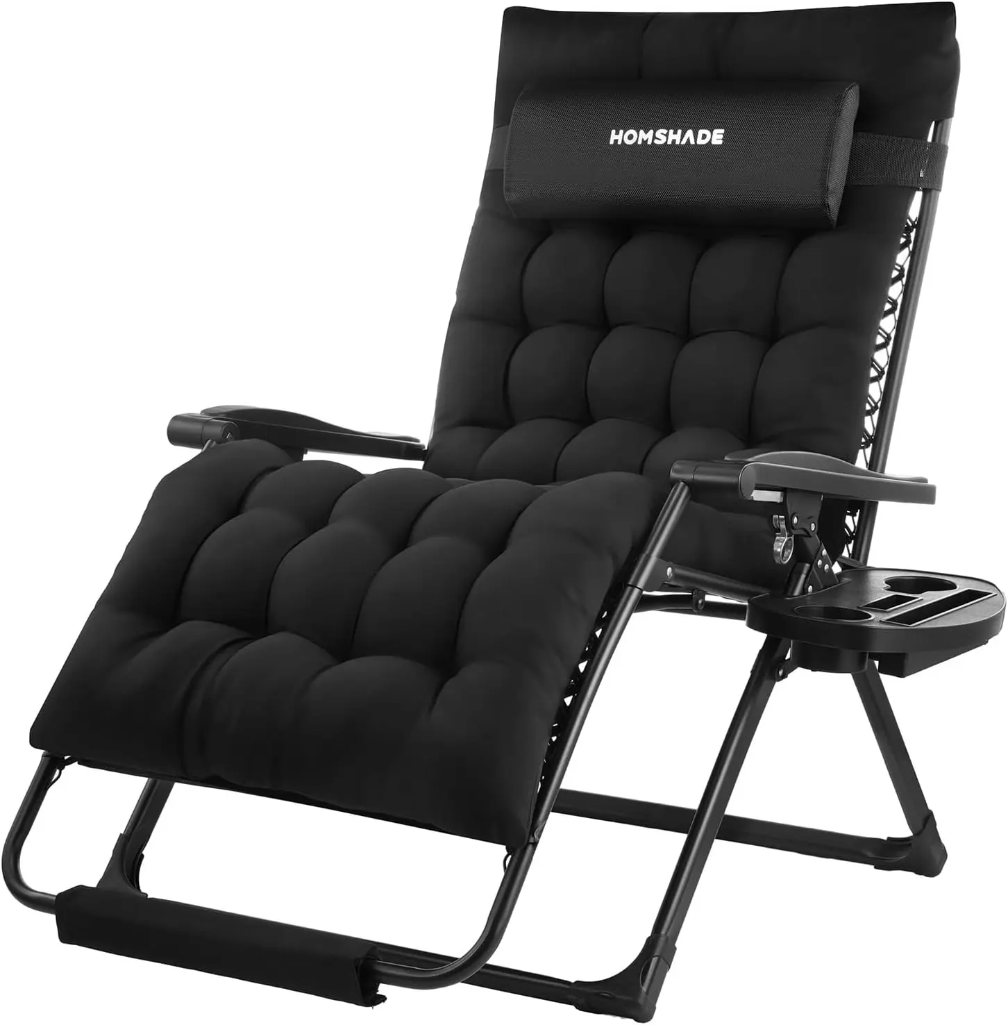 33In XXL Adjustable Outdoor Chaise Lounge - Oversized Metal Frame Ergonomic Reclining Patio Chair with Removable Cushion, Headrest, Footrest, Cup Holder, 500LBS Capacity for Patio, Camping (Black), Reclining Lawn Chair sohochic