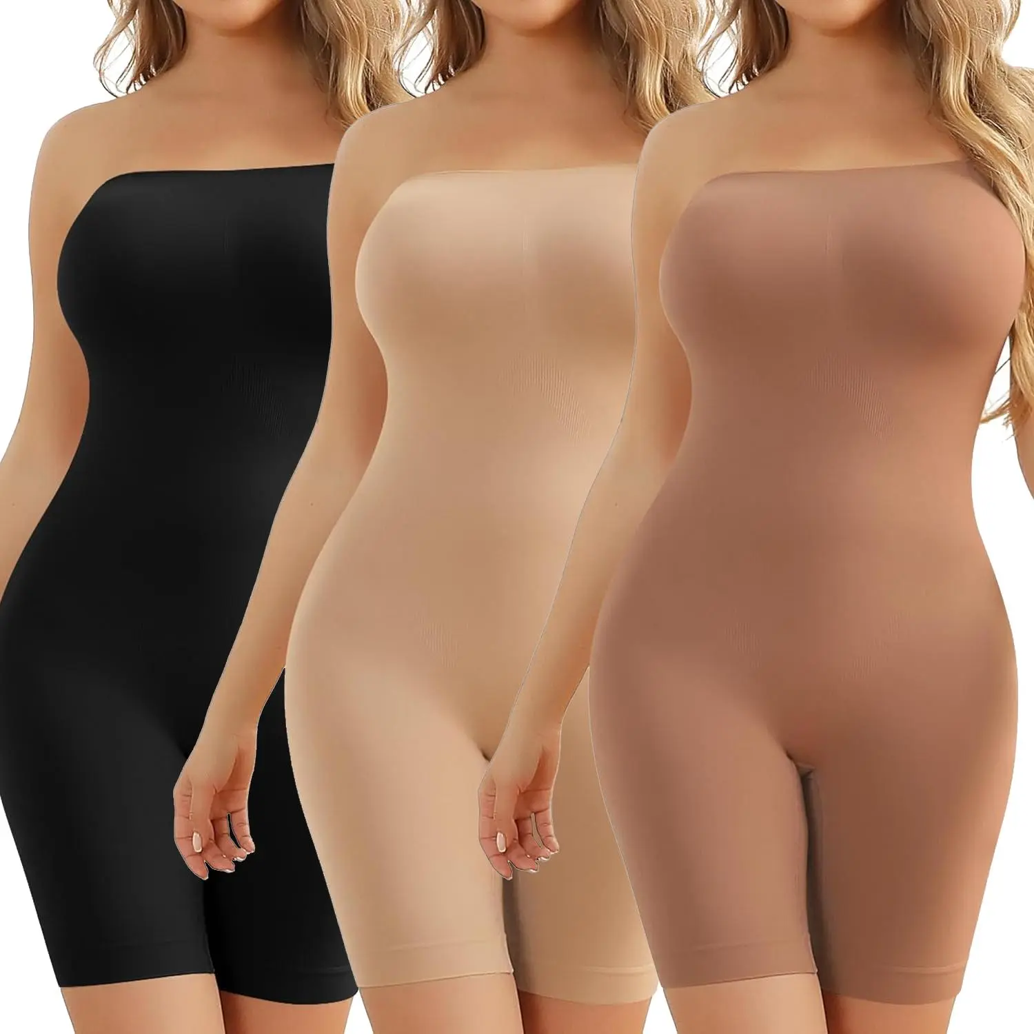 Women's Strapless Seamless Mid-Thigh Shapewear Bodysuit - Highwaist Compression Girdle Shorts with Tummy Control, Smooth Invisible Design, All-Day Comfort for Wedding, Fashion, Preppy Looks, Thanksgiving, Chinese New Year Skirt Matching