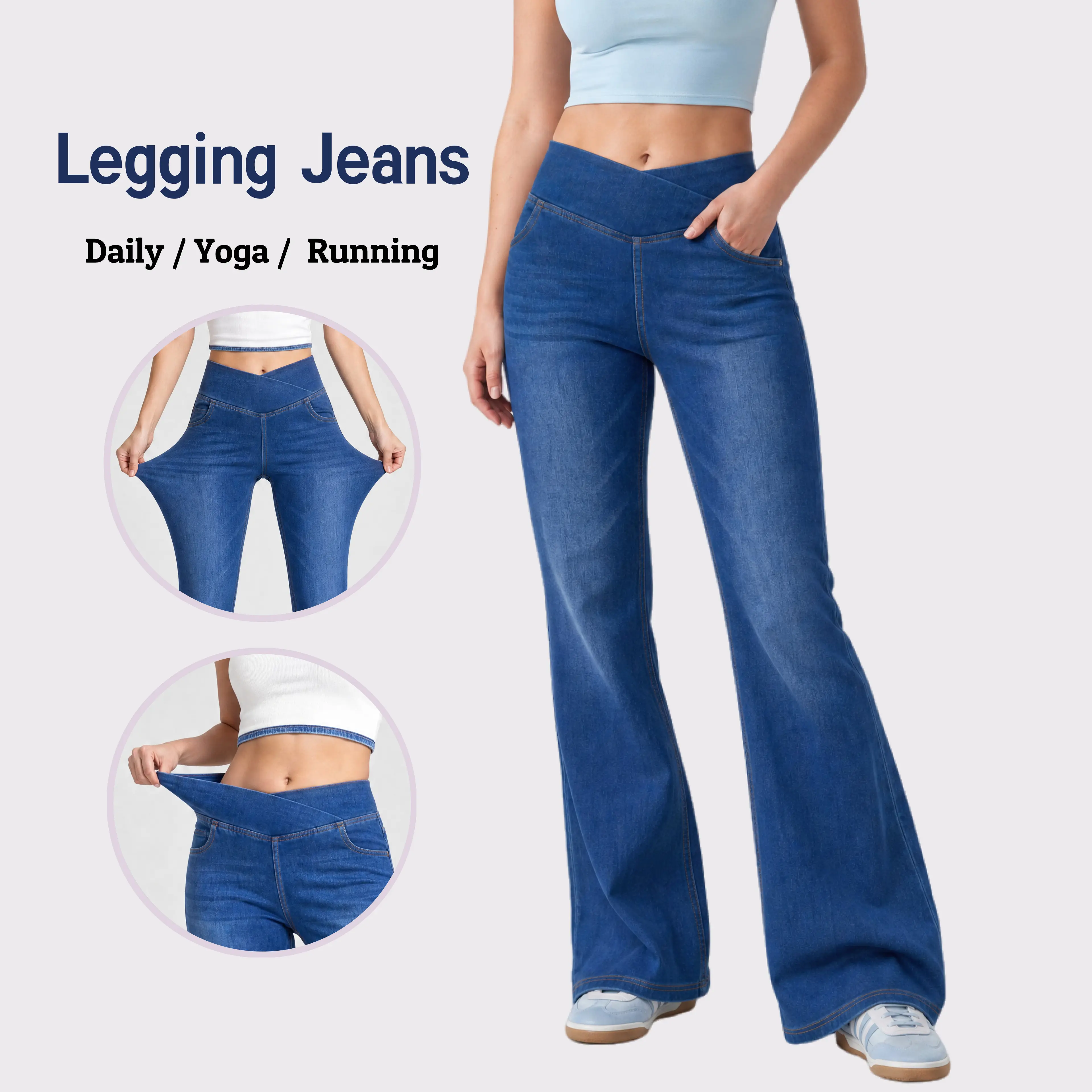 HeeiYoga Women's Tummy Control High-Waisted Crossover Fitted Full-Length Bottoms - Washed Flare Jeans Jeggings with Pockets, 59% Cotton Soft Touch Elastane Denim Leggings for Female Sports & Outdoor Use