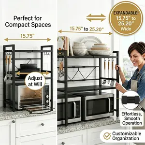 1pc,2 tier,Microwave rack,With kitchen utensil hooks,Bread maker, kitchen utensils and oven storage rack,Multifunctional space-saving metal storage rack,Kitchen countertop stand,Suitable for dining room, bathroom, living room