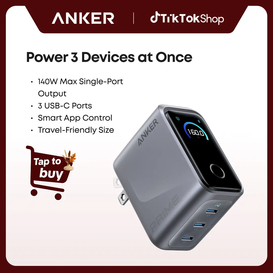 [Live Only]Anker Prime Charger, 160W 3-Port Compact USB C GaN Charger Block, Smart Display and Touch Control, 140W Max Charging via Any Single Port, for MacBook, Laptop, iPhone 17/16/15 Series, iPad, and More sohochic