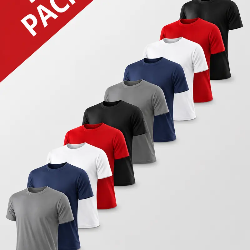 Men's Round Neck Short Sleeve Plain Dry Fit Shirts (5/10-Pack) - Training Activewear, Heat-Wicking Quick-Drying Cool & Breathable All Seasons Sportswear, Fathersdaygift, Machine Washable (Choose a Size Larger)