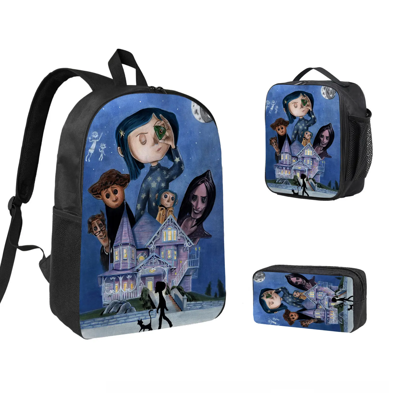 Coraline 3 PCS Backpack Set, Durable School Bookbag with Insulated Lunch Bag & Pencil Case for Teens Boys Girls, Comfortable Travel Daypack Gift for Fans d-61