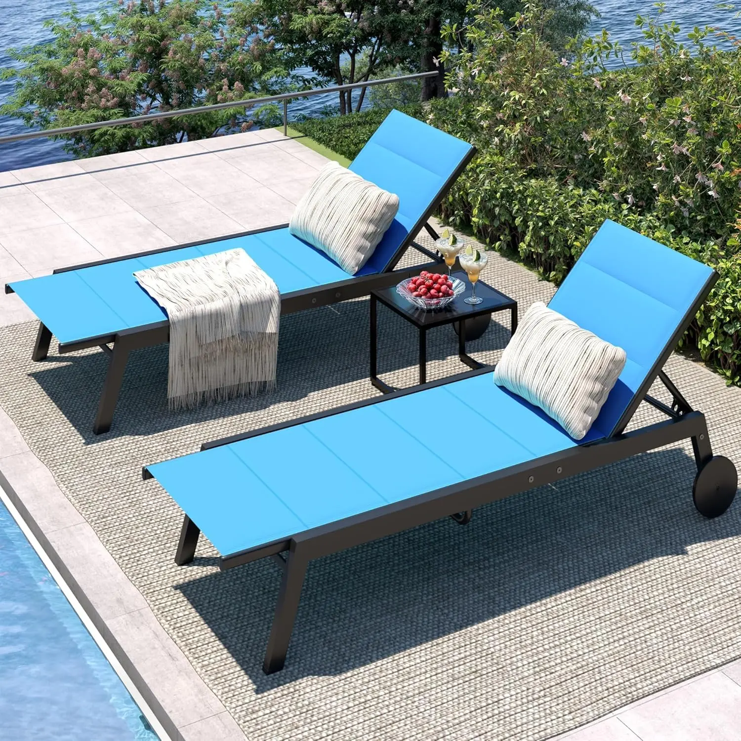 3-Piece Outdoor Patio Chaise Lounge Set with Wheels & Side Table, 5-Position Adjustable Reclining Backrest, Textilene Mesh Loungers for Poolside, Garden, Deck, Lawn
