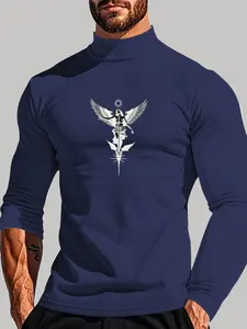 One-piece men's long-sleeved turtleneck, milk silk, "angel wings" interesting print, suitable for daily wear, the first choice for spring and autumn