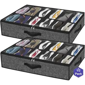 Sturdy Under Bed Shoe Storage Organizer, Set of 1/2, Fit 12 to 24 Pairs, Underbed Shoes Closet Storage Solution with Clear Window, Breathable, Shoe Storage Solutions