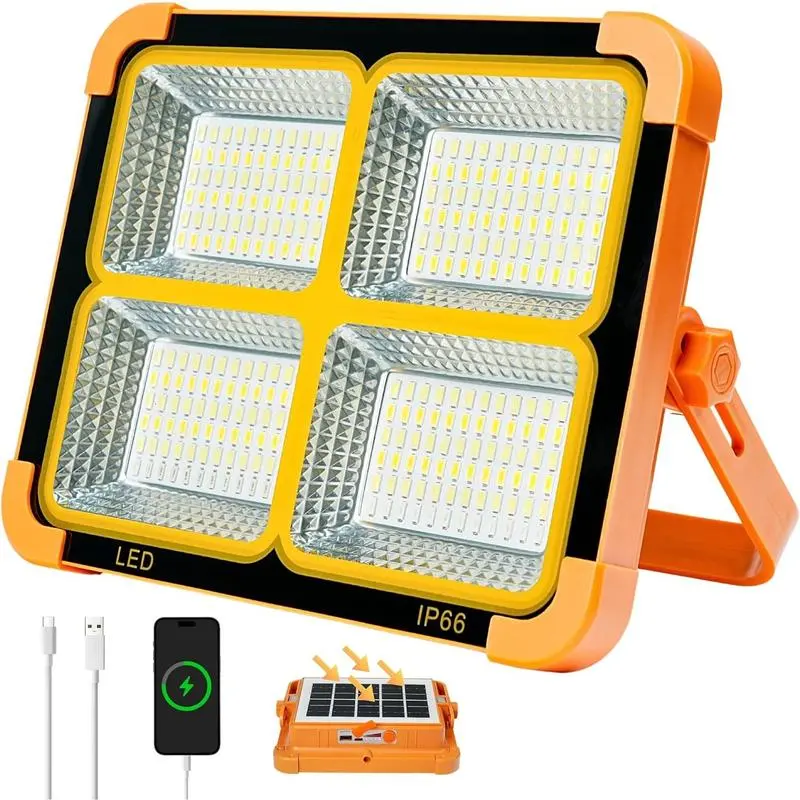 High Lumen LED Solar Flashlight - Outdoor Handheld Spotlights, Handheld Size, USB Rechargeable, 4 Brightness Levels, IP66 Waterproof, Built-In Li-Ion Battery, Adjustable Solar-Powered Lanterns, Blackout Ready, Phone-Charging for Camping