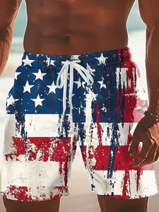 American Flag Pattern Men's Beach Shorts, Summer Casual Quick-Dry Swim Trunks, Outdoor Sports Short Pants, Slim-Fitting Above Knee