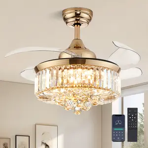 36" Crystal Ceiling Fan with Light and Remote Modern Dimmable Fandelier Invisible Retractable Chandelier Fan Gold for Bedroom Living Room