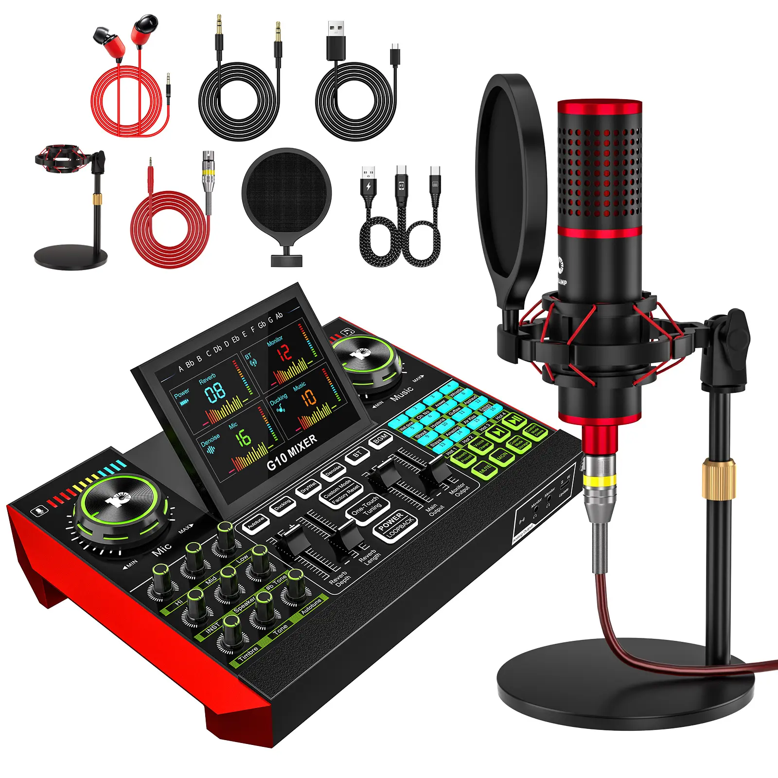 Tenlamp G10-M18 Audio Mixer, Live Sound Card with XLR Input, 48V Power, One-Touch Noise Reduction & Voice Changer for Podcast Recording, Streaming, Gaming, Vocal
