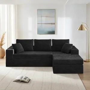 108" Modular Sectional Sofa with Chaise, Cloud-Inspired Deep Seat Couch, Modern L-Shape Modular Sofa for Living Room, Upholstered Corduroy Couch (Black, Left Facing Chaise)